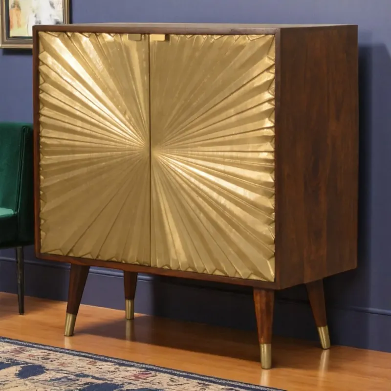 Manila Solid Mango Wood Cabinet with Gold Brass-Plated Doors