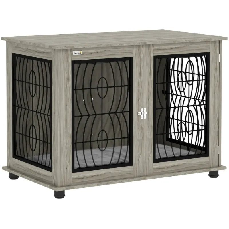 Large Dog Crate Furniture End Table with Washable Cushion - Grey Wood Effect