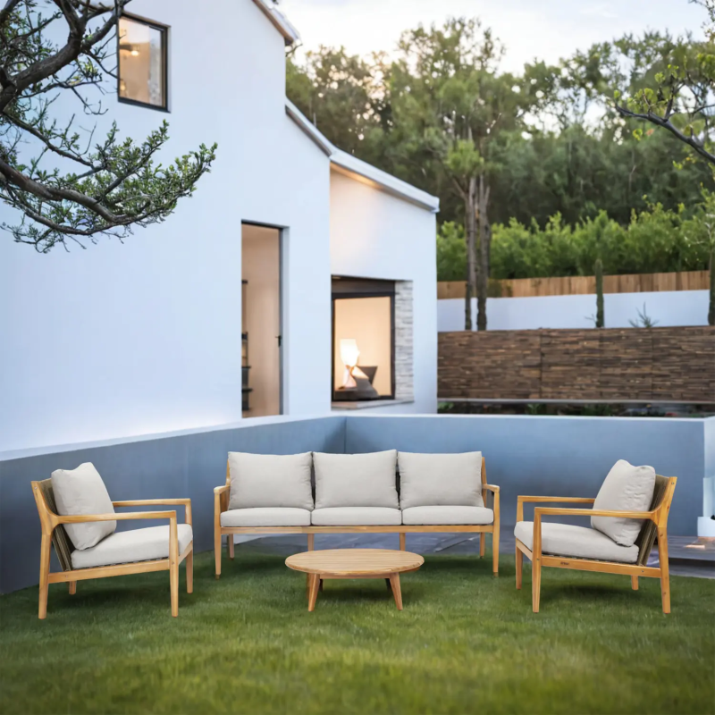 Solara 5-Seater Wood Garden Lounge Set with Taupe Rope and Grey Cushions