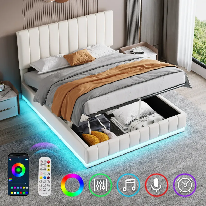 Double Ottoman Bed with RGB LED Lighting and Cream White PU Leather Upholstery