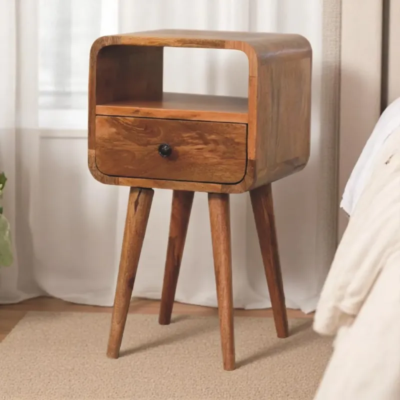 Mini Oak-ish Solid Wood Curve Bedside Table with 1 Drawer and Open Slot