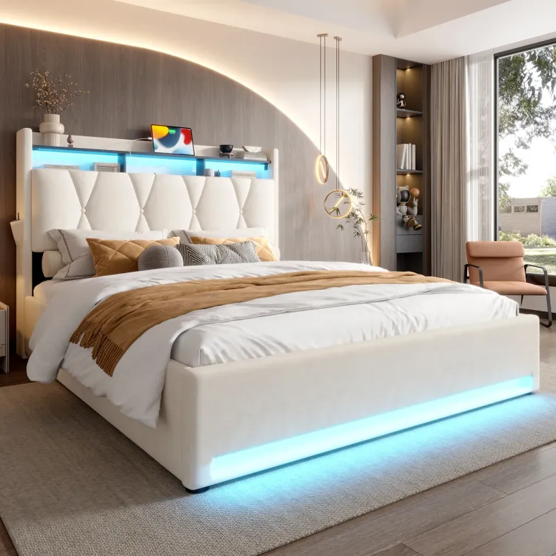 Double Velvet Ottoman Storage Bed with LED Lighting & Headboard Storage - Beige