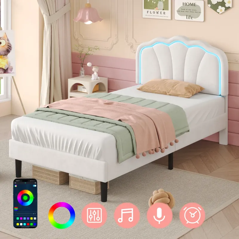 3ft Single Velvet Upholstered Bed Frame with LED Scalloped Headboard - Cream White