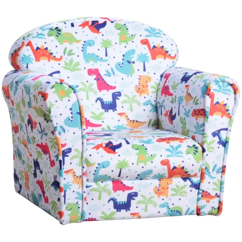 Kids Dinosaur Print Armchair with Wooden Frame and Flannel Upholstery