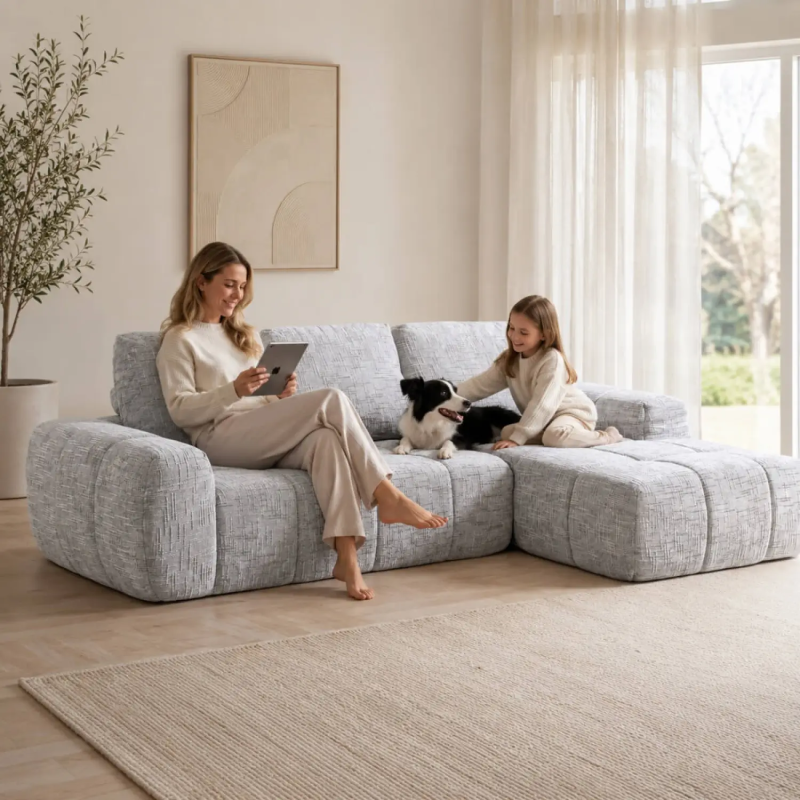 Softy Textured Fabric L-Shaped Corner Sofa with Chaise