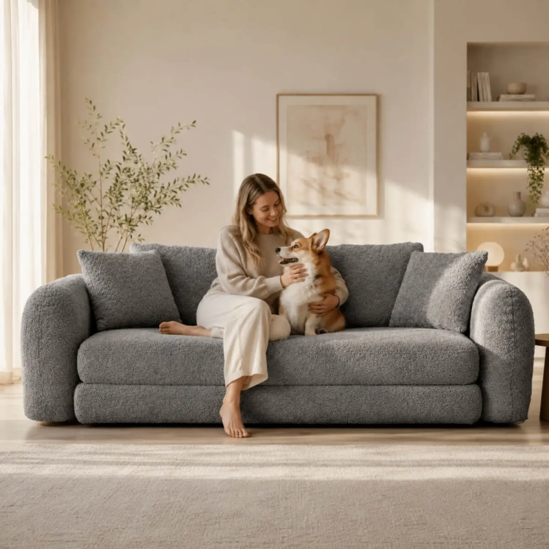 Fabric Pull-Out Sofa Bed, 239cm, in Grey, with High-Density Foam & 4 Cushions