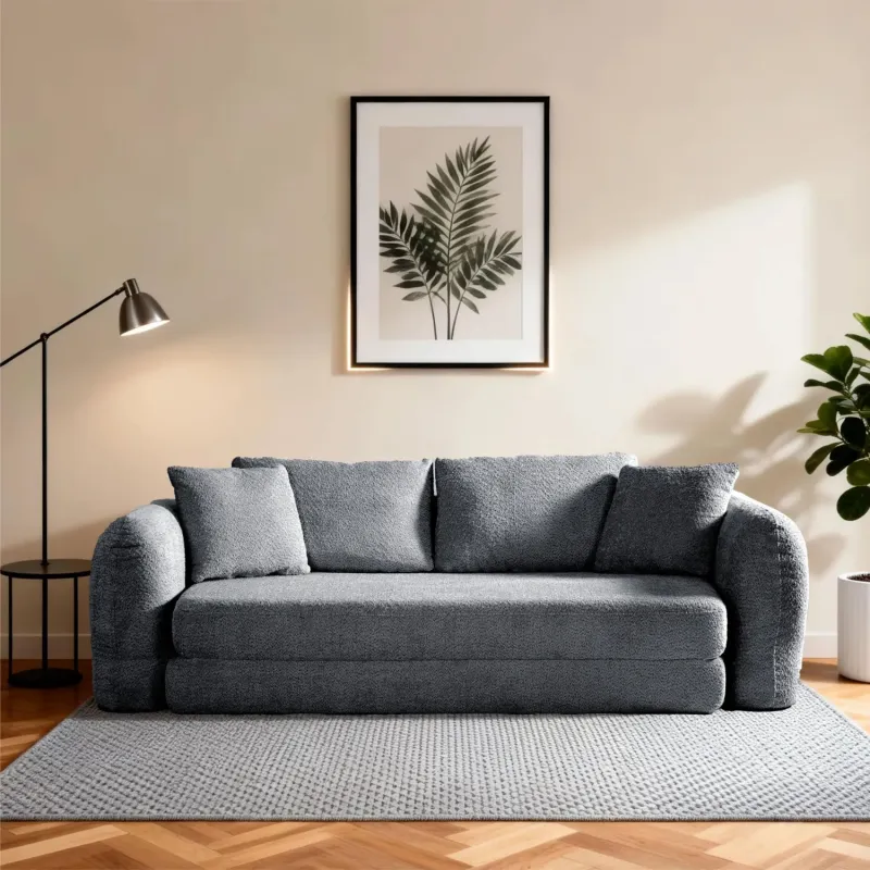 Fabric Pull-Out Sofa Bed, 239cm, in Grey, with High-Density Foam & 4 Cushions