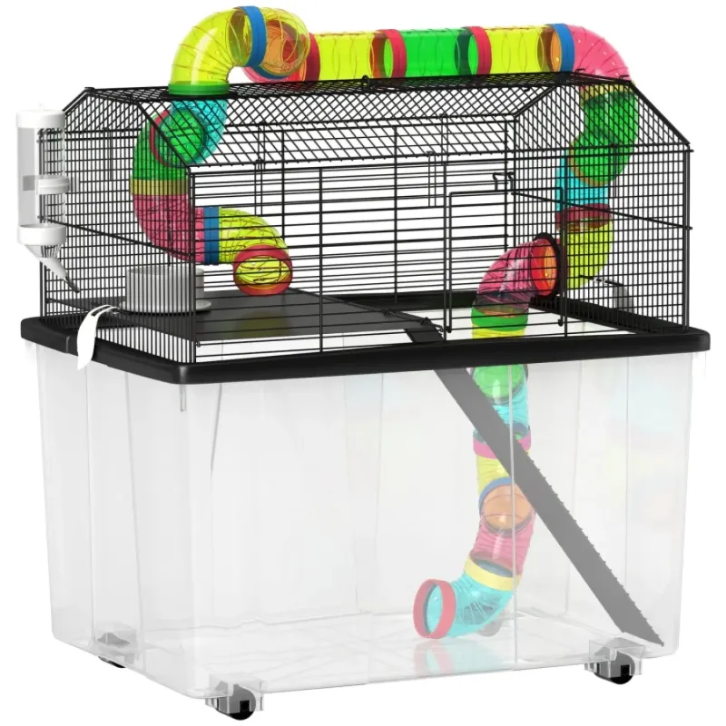 Two-Tier Hamster Cage with 31cm Deep Tray and Wheels - Multicoloured