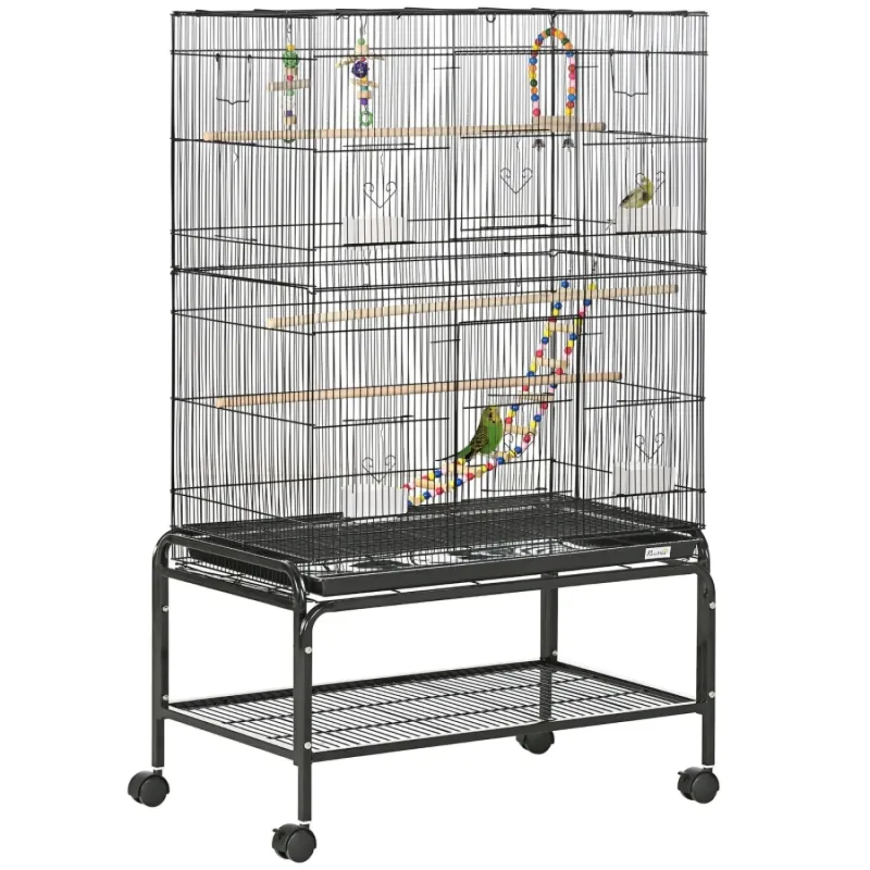 Large Steel Bird Cage with Stand and Accessories - Black