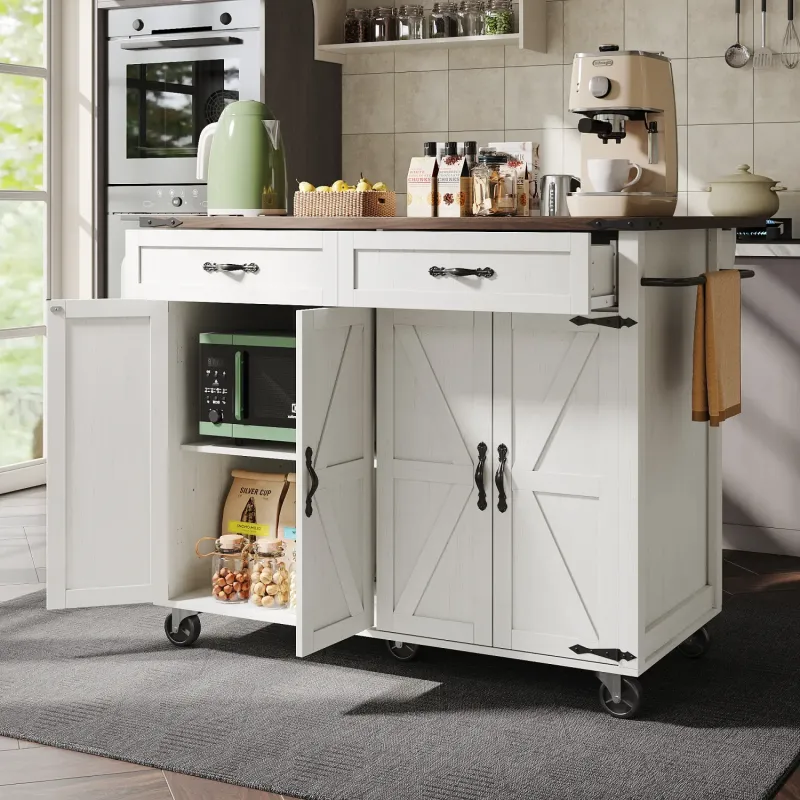 White Farmhouse Kitchen Island Trolley with Folding Breakfast Bar & Storage