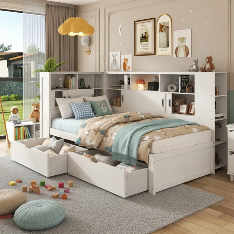 Single Storage Bed with Bookcase Headboard, USB Charging and 2 Drawers - White