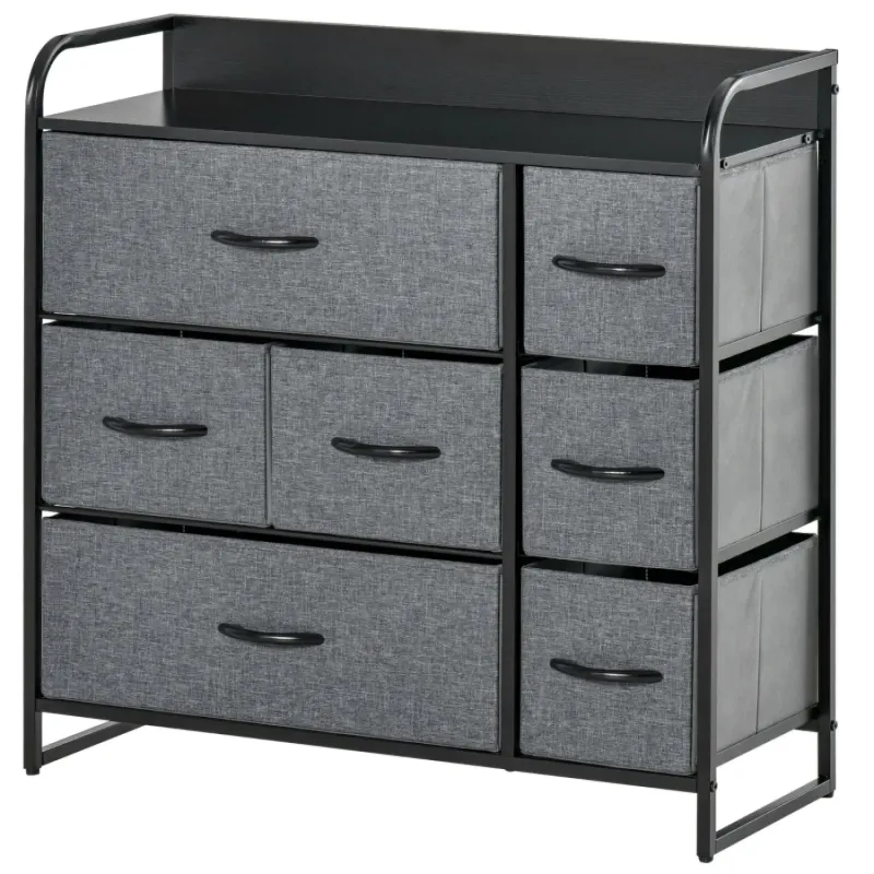 7 Drawer Fabric Chest of Drawers with Wood Effect Top - Grey