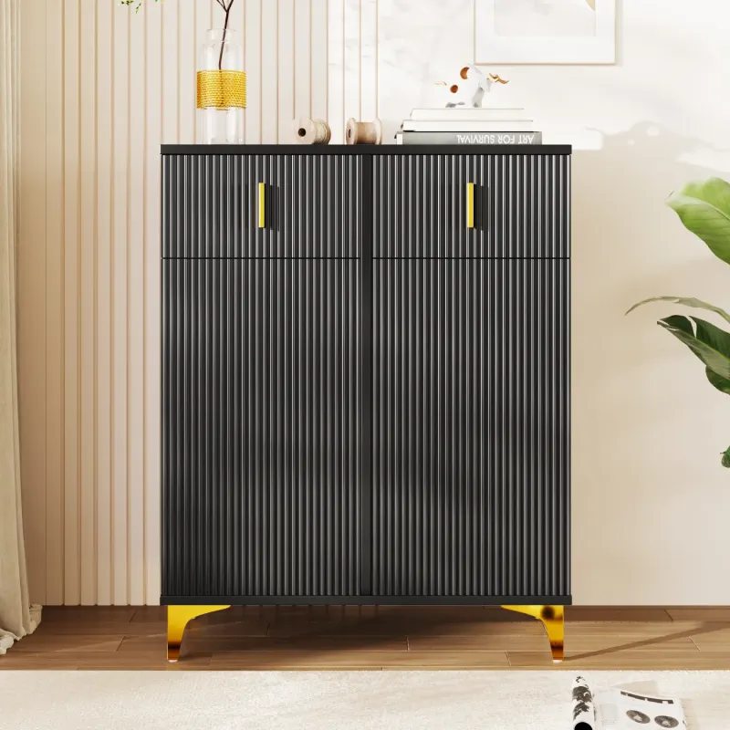 Black Sideboard and Shoe Cabinet with Textured Panels and Gold Legs