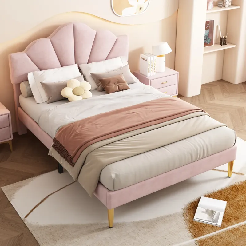 Shell-Back Velvet Upholstered Double Bed Frame, Pink