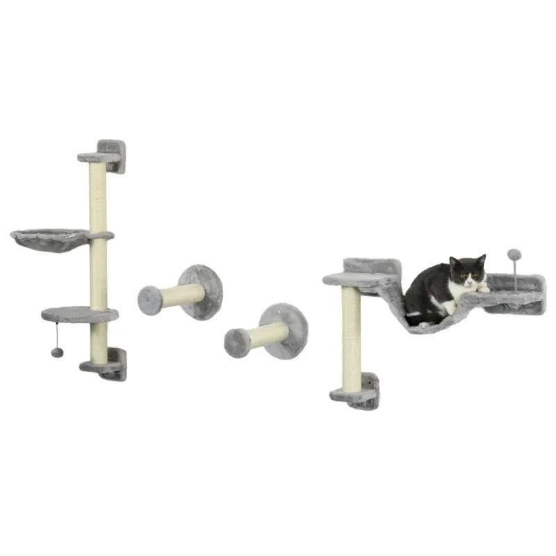 4-Piece Wall-Mounted Cat Furniture Set with Hammock and Scratching Post - Grey