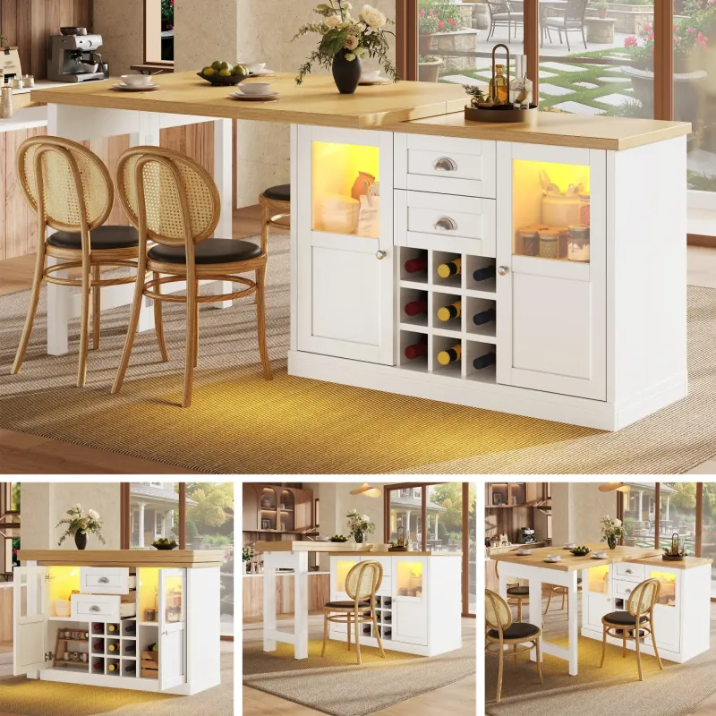 Extendable Kitchen Island and Dining Table with LED Lighting, 120-197cm - White