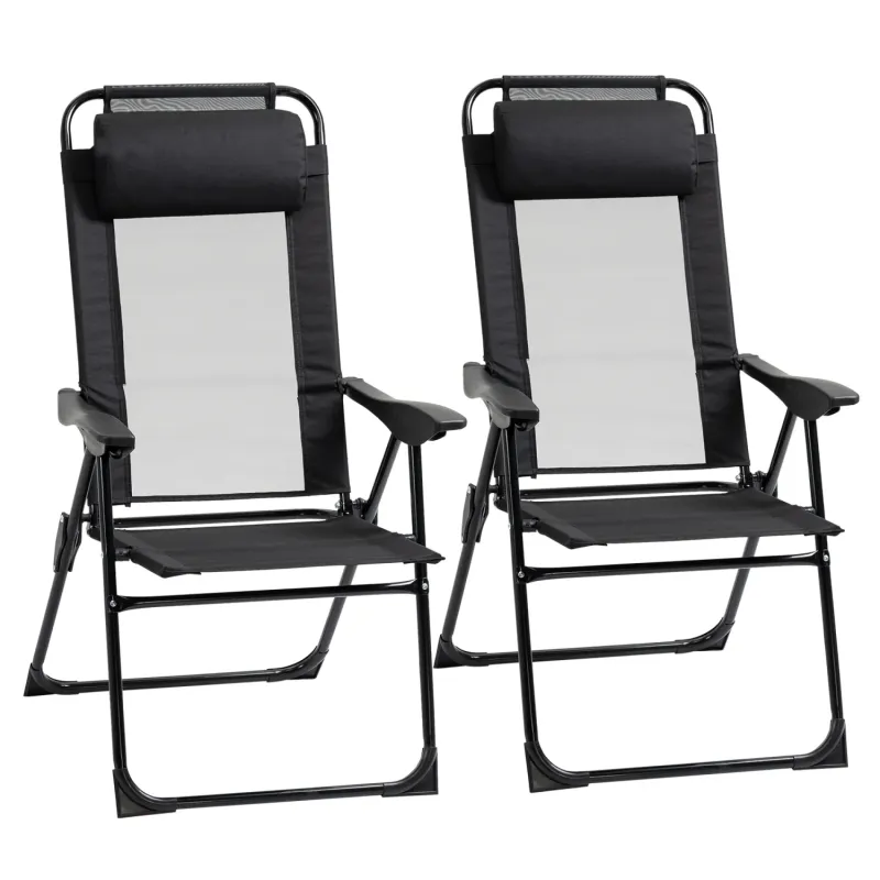 Steel Folding Garden Recliner Chairs, in Black, with 5-Position Backrest - Set of 2