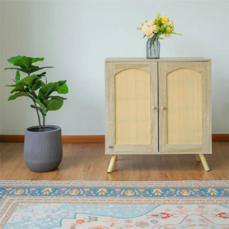 Natural Oak-Effect Rattan 2-Door Storage Cabinet