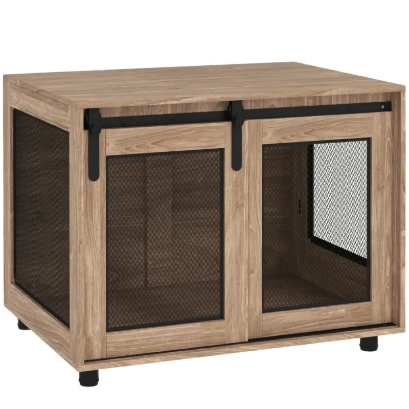 Dog Crate Furniture Side Table with Sliding Barn Door, Medium, Brown