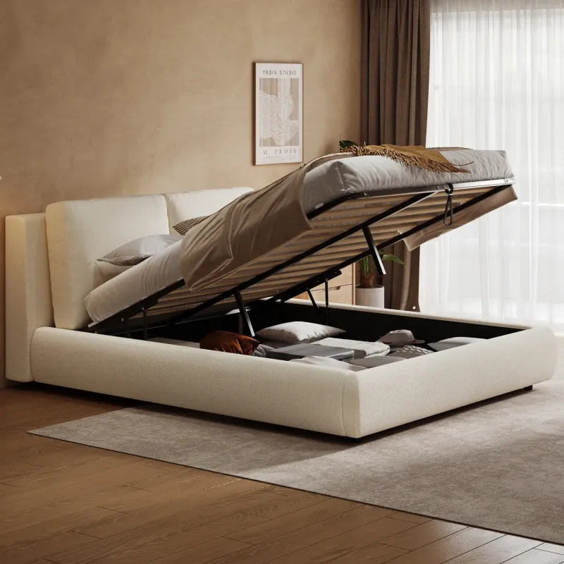 Cloud Boucle Ottoman Storage Bed Frame with Cushions, 5ft King Size, Warm White