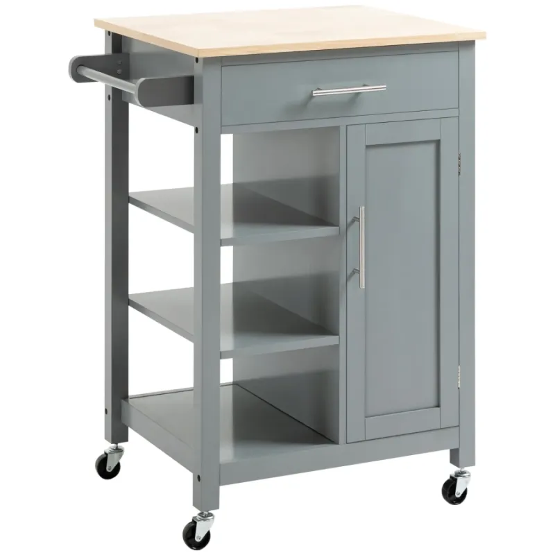 Compact Kitchen Trolley with Wood Worktop & Storage Drawer - Grey