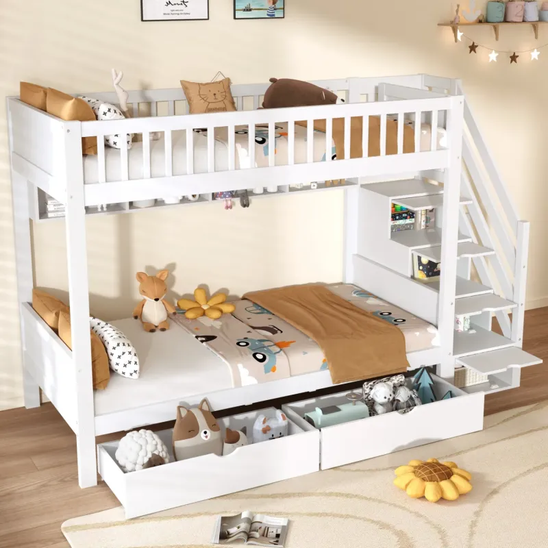 3ft Single Solid Wood Bunk Bed with Integrated Staircase Storage and Drawers - White
