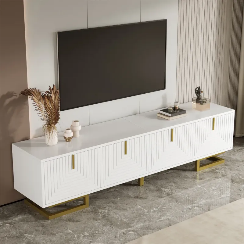 160cm White TV Stand with Textured Doors and Gold Legs