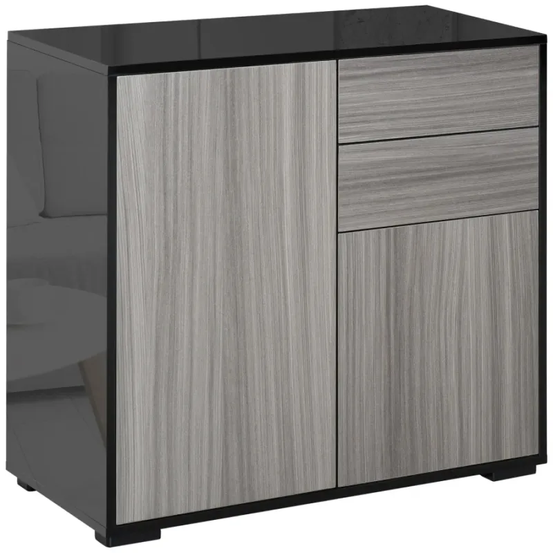 High Gloss and Matte Sideboard, 74H x 79W x 36Dcm, in Light Grey and Black, with Push-Open Drawers