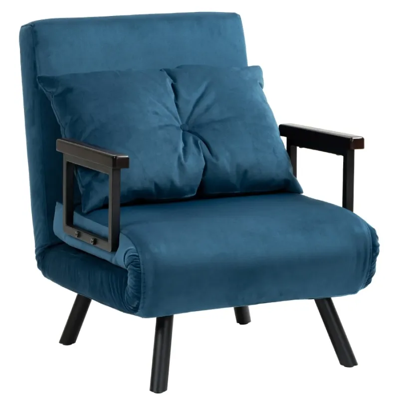 Velvet-Feel Single Sofa Bed, Single, in Navy Blue, with Wooden Armrests and Pillow