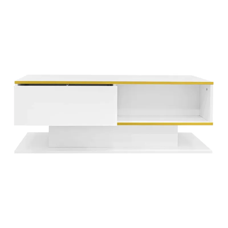 Rectangular Coffee Table, High-Gloss Finish in White, with LED Lights and 3 Drawers