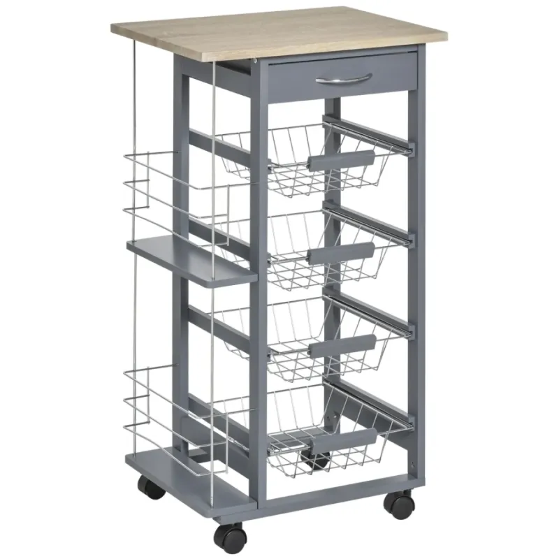 Rolling Kitchen Utility Cart with 4 Baskets and Side Racks - Grey