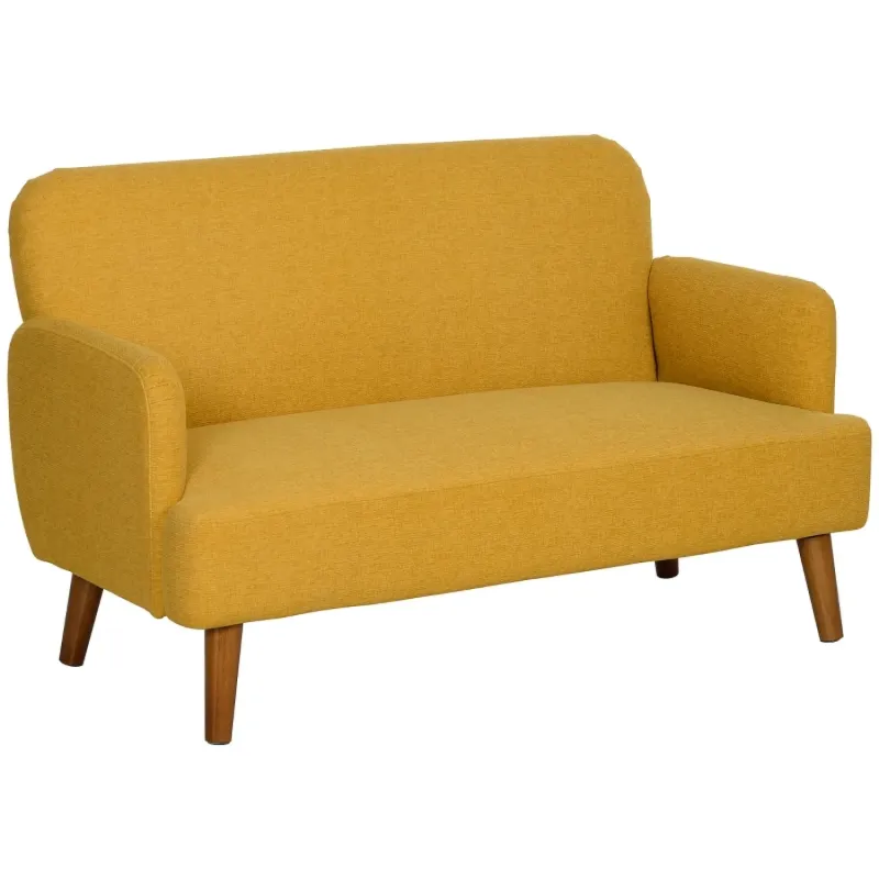 2-Seater Velvet-Feel Fabric Loveseat Sofa with Rubberwood Legs - Yellow