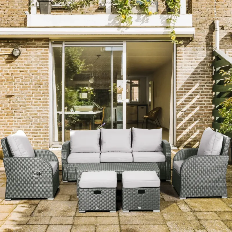  6-Piece Rattan Garden Sofa Set with Reclining Armchairs and Storable Footstools - Grey