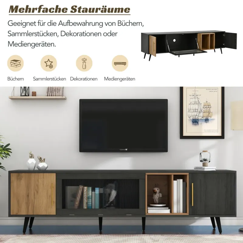Wood-Effect TV Unit, 200cm, in Grey, with Pull-Down Glass Door