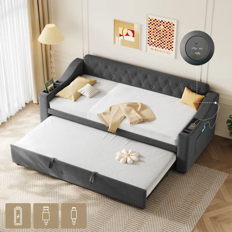 Upholstered Single Daybed with Pull-Out Trundle, Charging Station and Storage Armrests - Grey