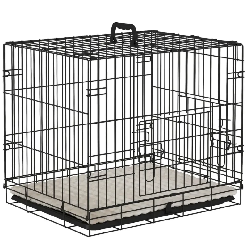 Two-Door Foldable Dog Crate with Washable Cushion - Black, 60cm