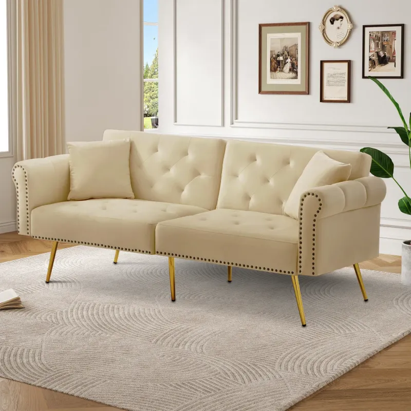 Modern 2-Seater Velvet Sofa Bed with 3-Stage Adjustable Backrest and Gold Legs