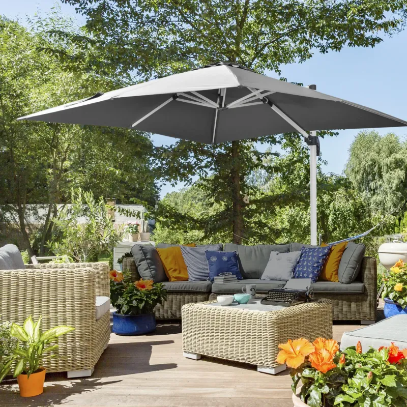  3m Square Cantilever Garden Parasol with 360° Rotation and 4-Position Tilt - Grey