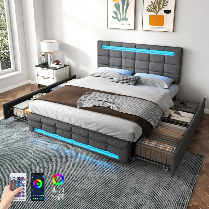 Double Grey Linen Upholstered Storage Bed with RGB LED Lighting and 4 Drawers