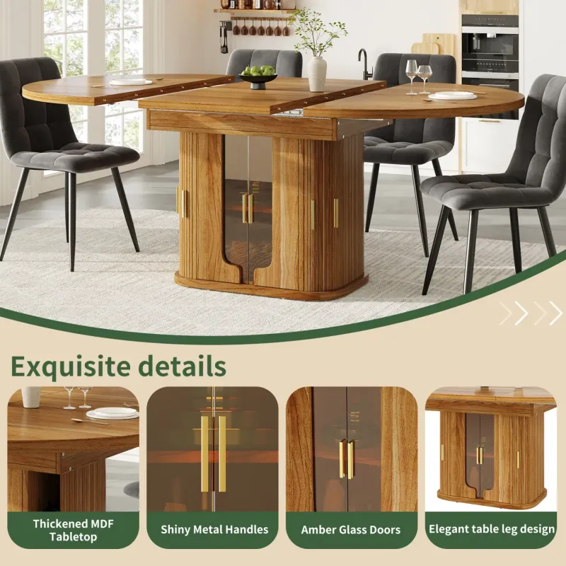 Walnut Extendable Round to Oval Dining Table with Integrated Storage, 118-158cm
