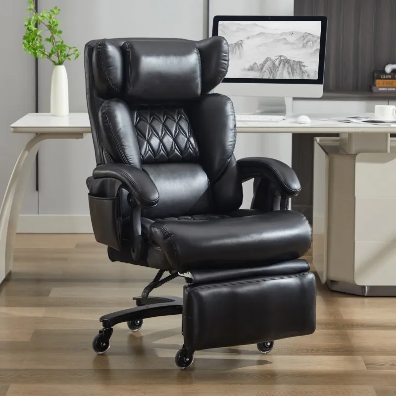 PU Leather Massage Executive Office Chair with Footrest - Black