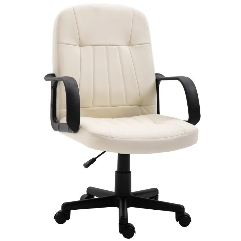 Mid-Back Executive Swivel Office Chair in Cream PU Leather