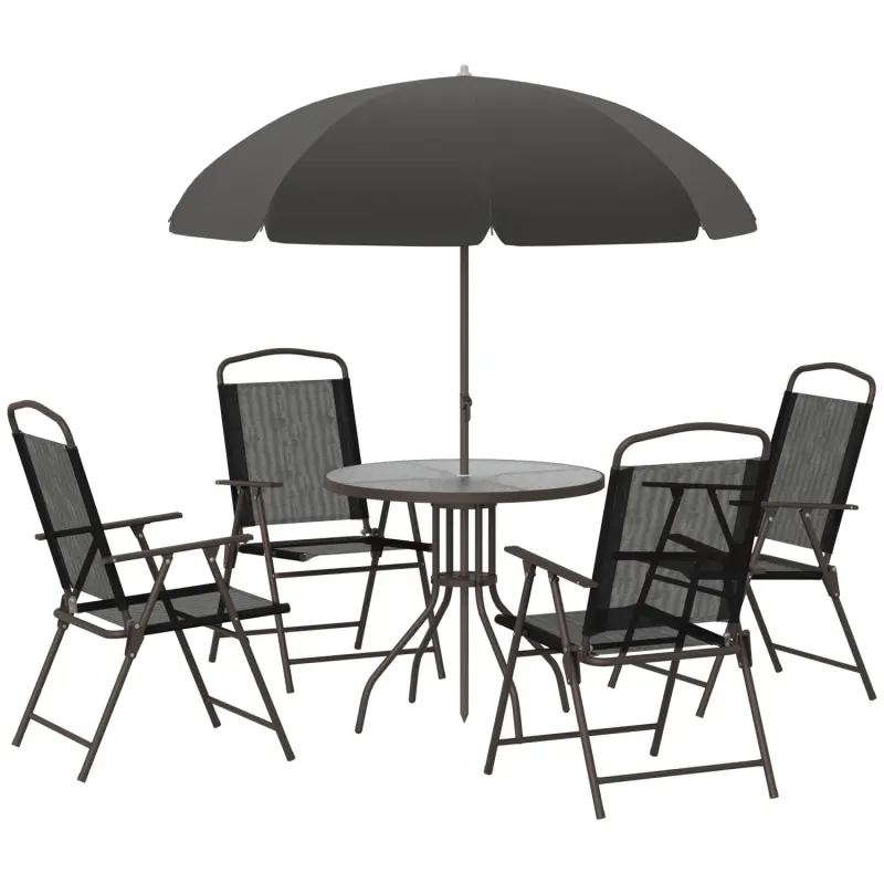 Metal and Glass Outdoor 4 Seater Dining Set, 4 Seater Set, in Black, with a Round Table & Parasol and Folding Chairs
