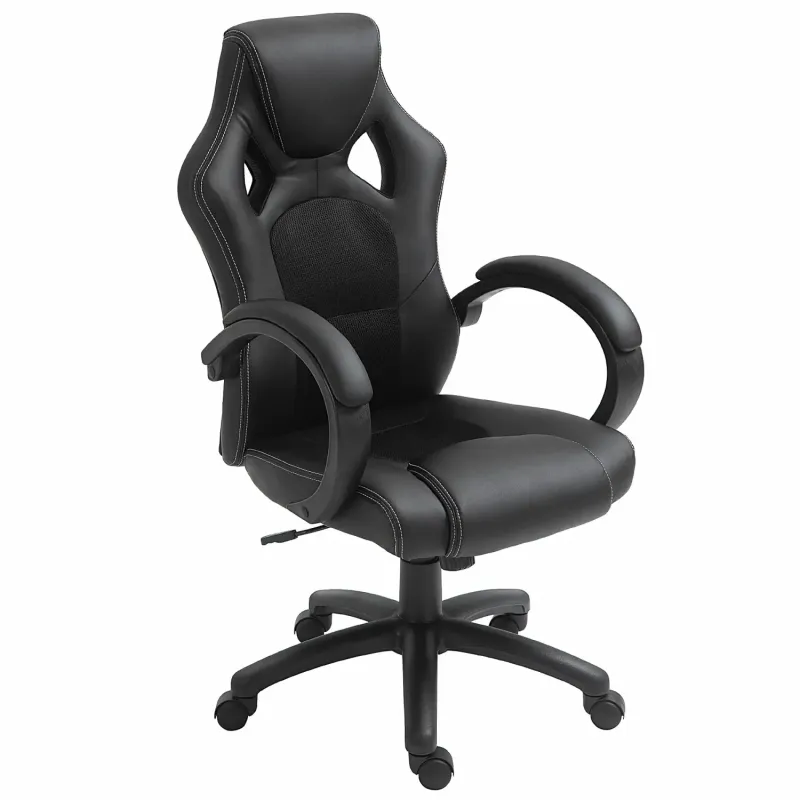 Home Office Swivel Desk Chair with Armrests and Headrest - Black Faux Leather
