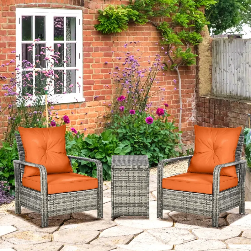  3-Piece Rattan Bistro Set with Storage Coffee Table and 10cm Deep-Fill Cushions - Orange