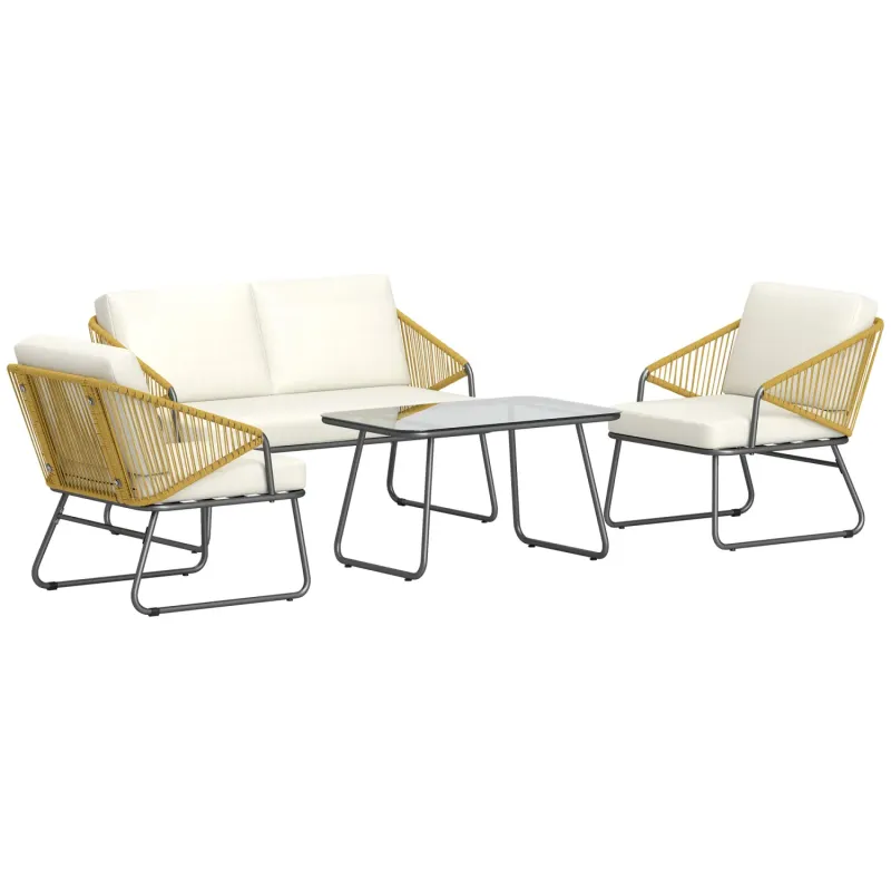  4-Piece Rattan Garden Sofa Set with Glass Coffee Table - Natural