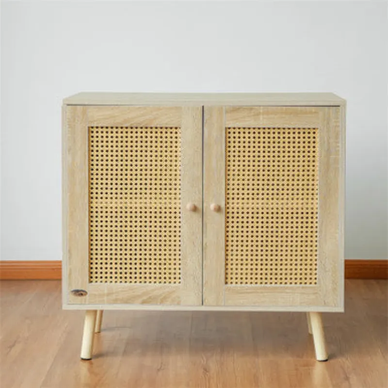 Natural Oak Effect 2-Door Rattan Storage Cabinet