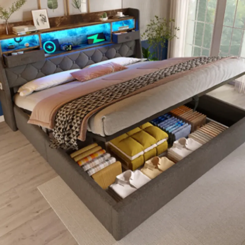 4ft6 Double Upholstered Hydraulic Storage Bed with LED and USB Charging, Grey Linen