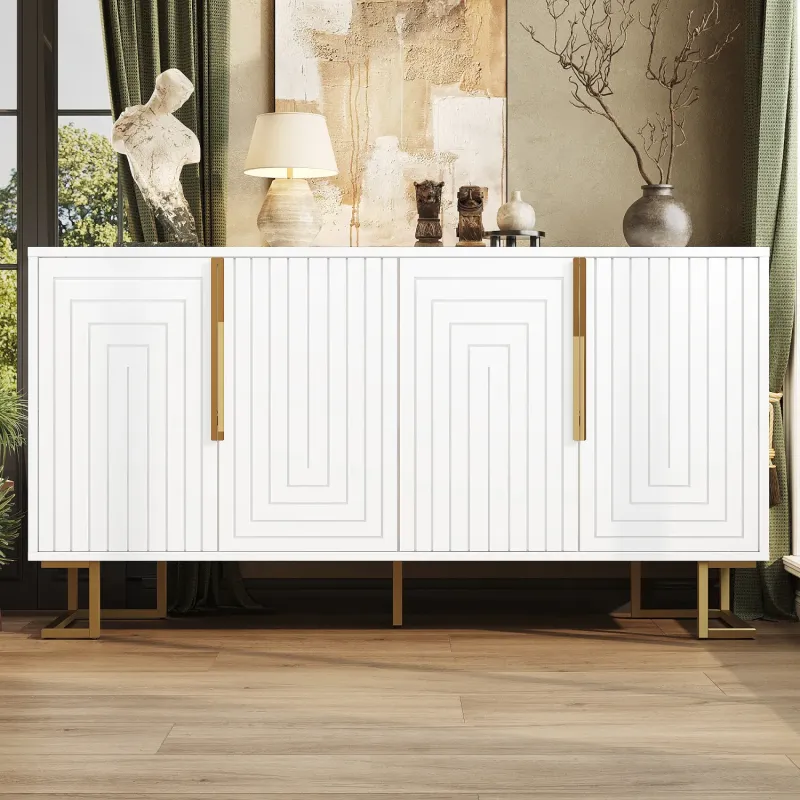 MDF Sideboard, 152cm, in White, with Geometric Design and Gold Accents