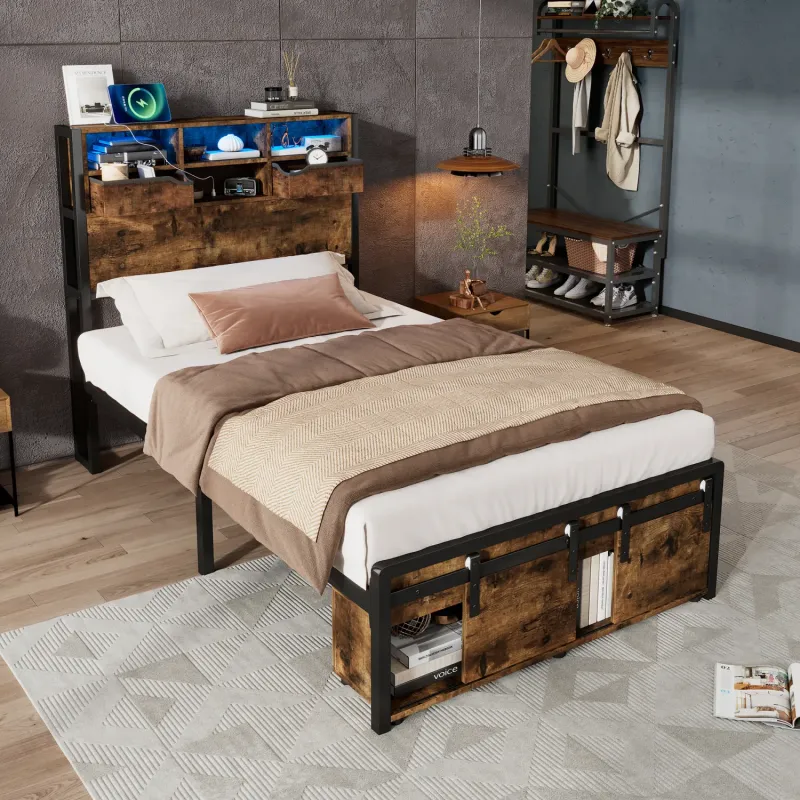 3ft Single Metal Bed Frame with LED Lights, USB-C Charging and Integrated Storage - Black & Wood